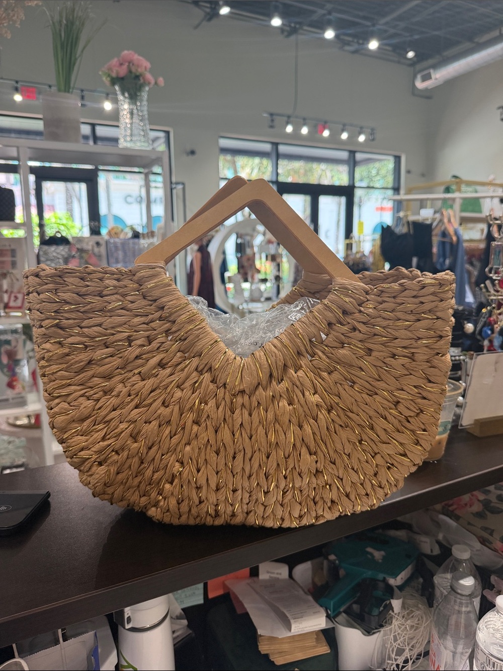 Woven Straw Tote Bag with Wooden Handles - Natural